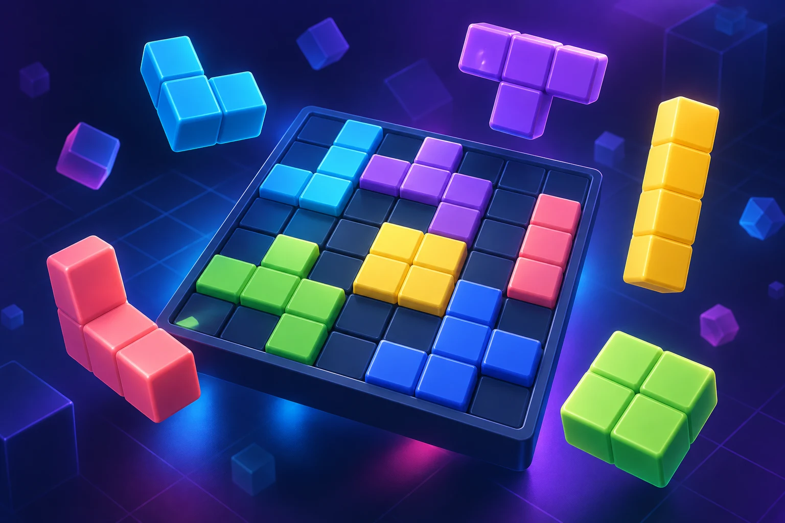 Peças tridimensionais coloridas flutuando sobre um tabuleiro de blocos